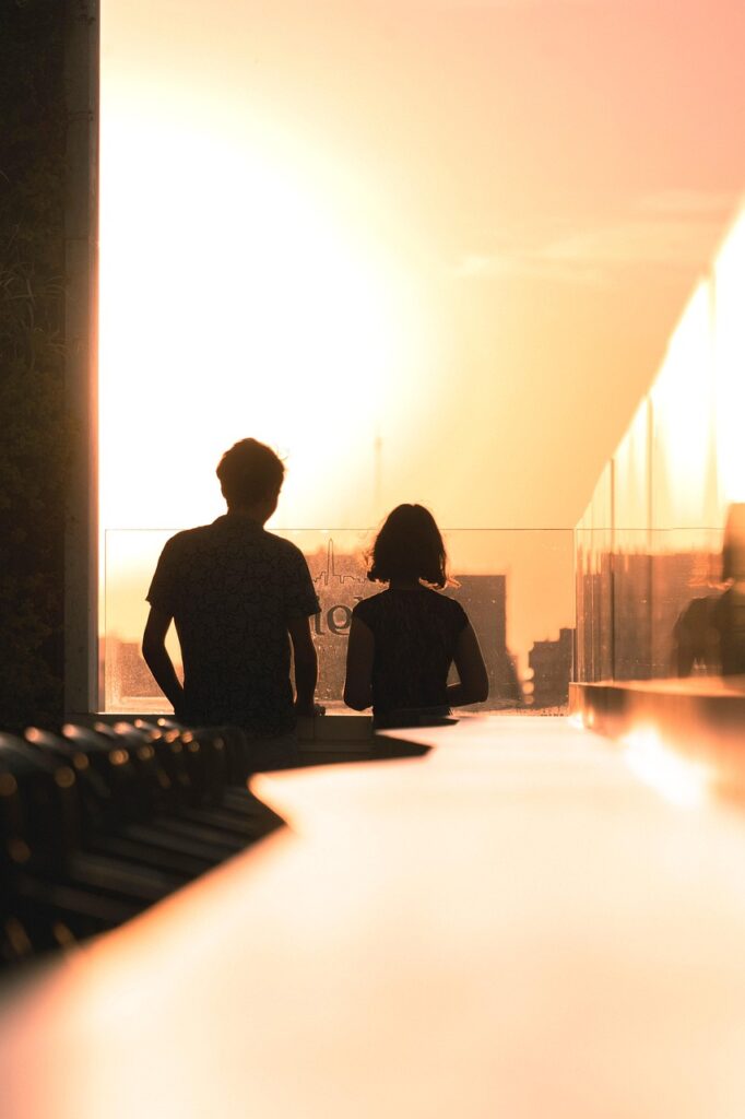 darling, terrace, buildings, people, shades, sun, sunset, nature, afternoon, orange, glow, light